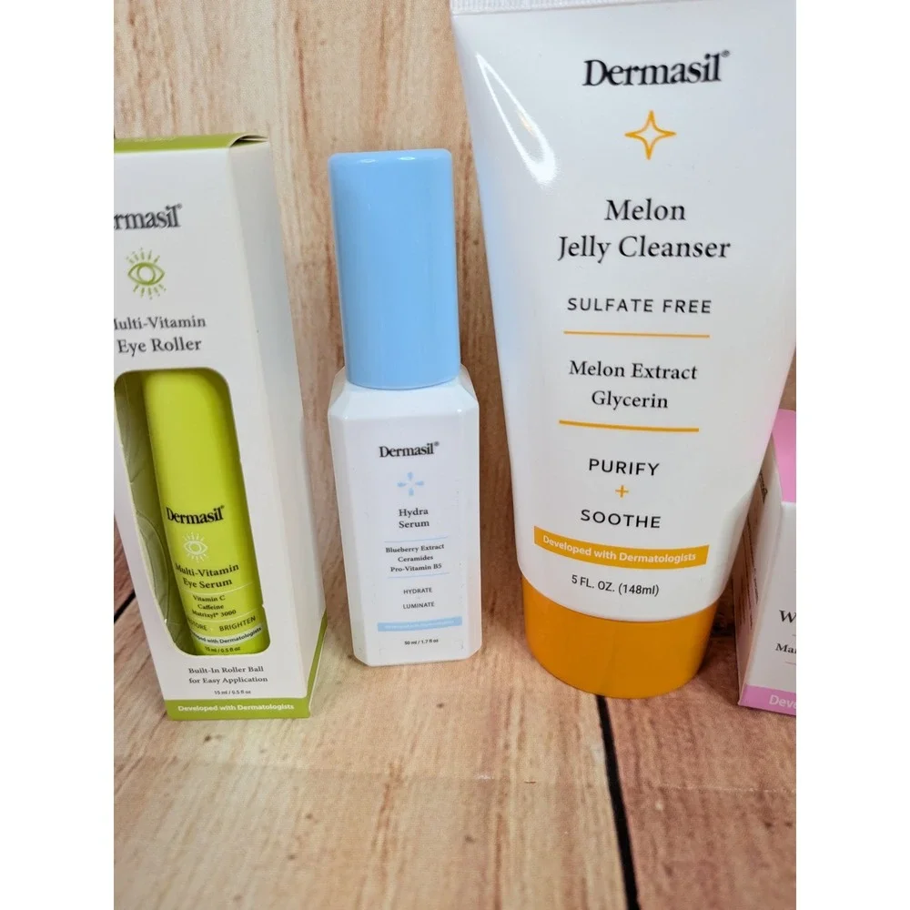 5PC Dermasil Skincare Lot - Melon Jelly Cleanser Hydra Serum Eye Roller Face Oil